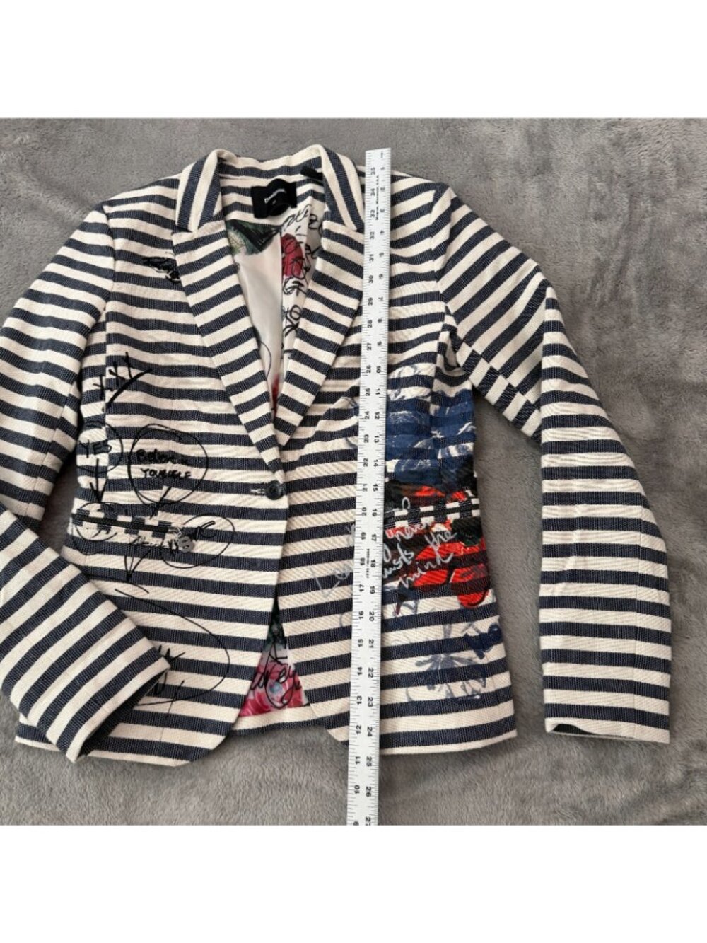 Desigual Navy & White Striped Blazer with Graphic Accents - Picture 5 of 8